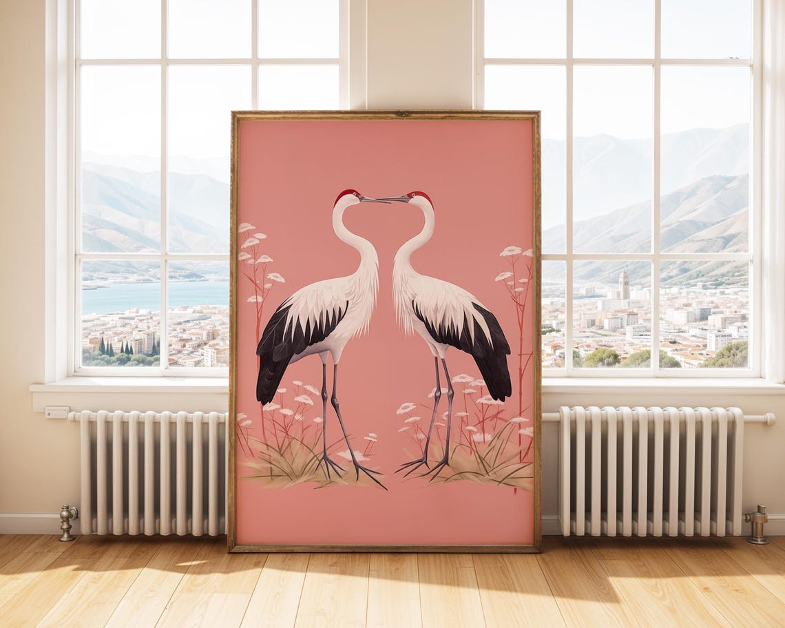 Two Red Crowned Cranes Pink Blossom Japanese Style Art Poster - Image 4