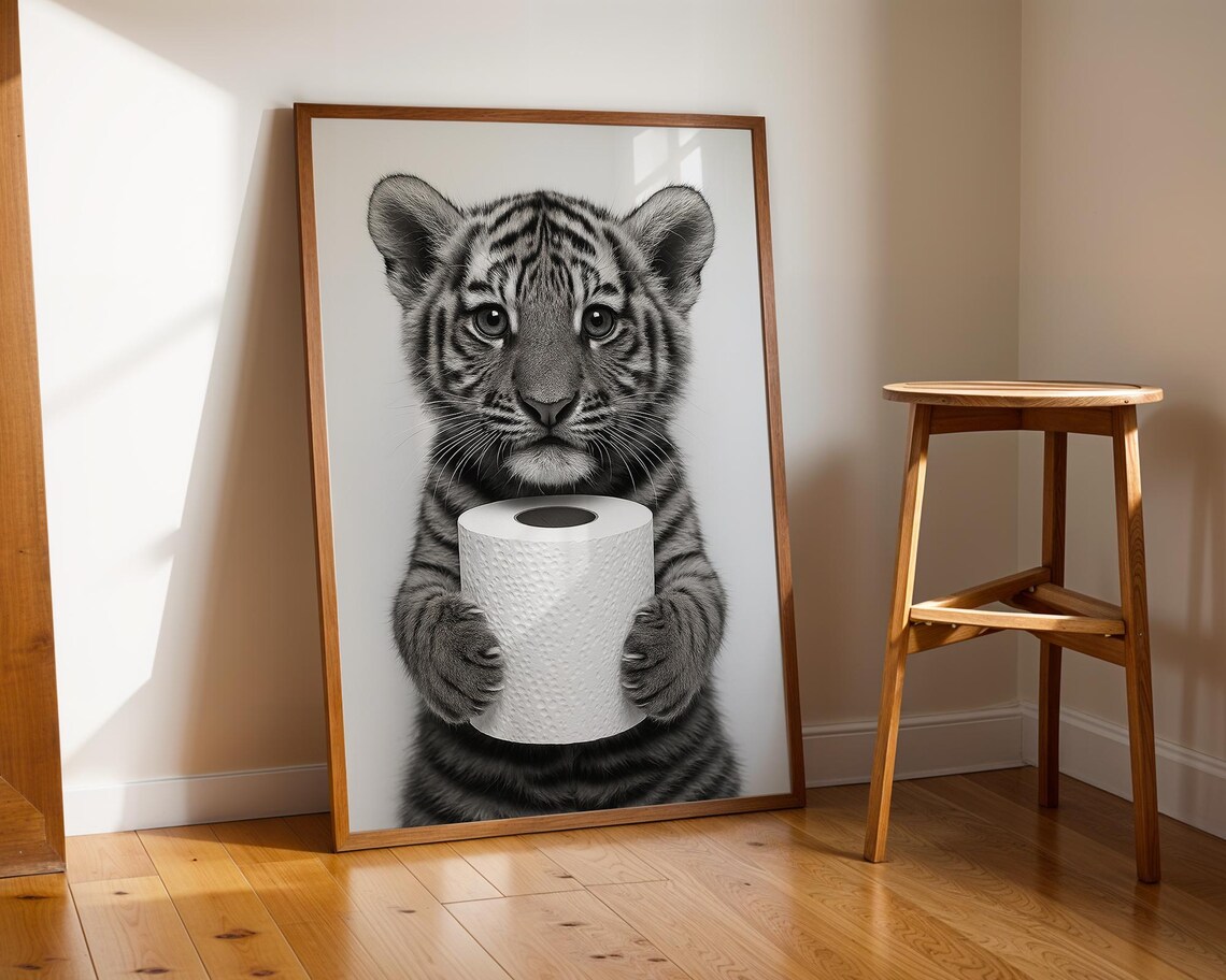 Cute Tiger Cub Holding Toilet Paper Funny Bathroom Art Poster - Image 2