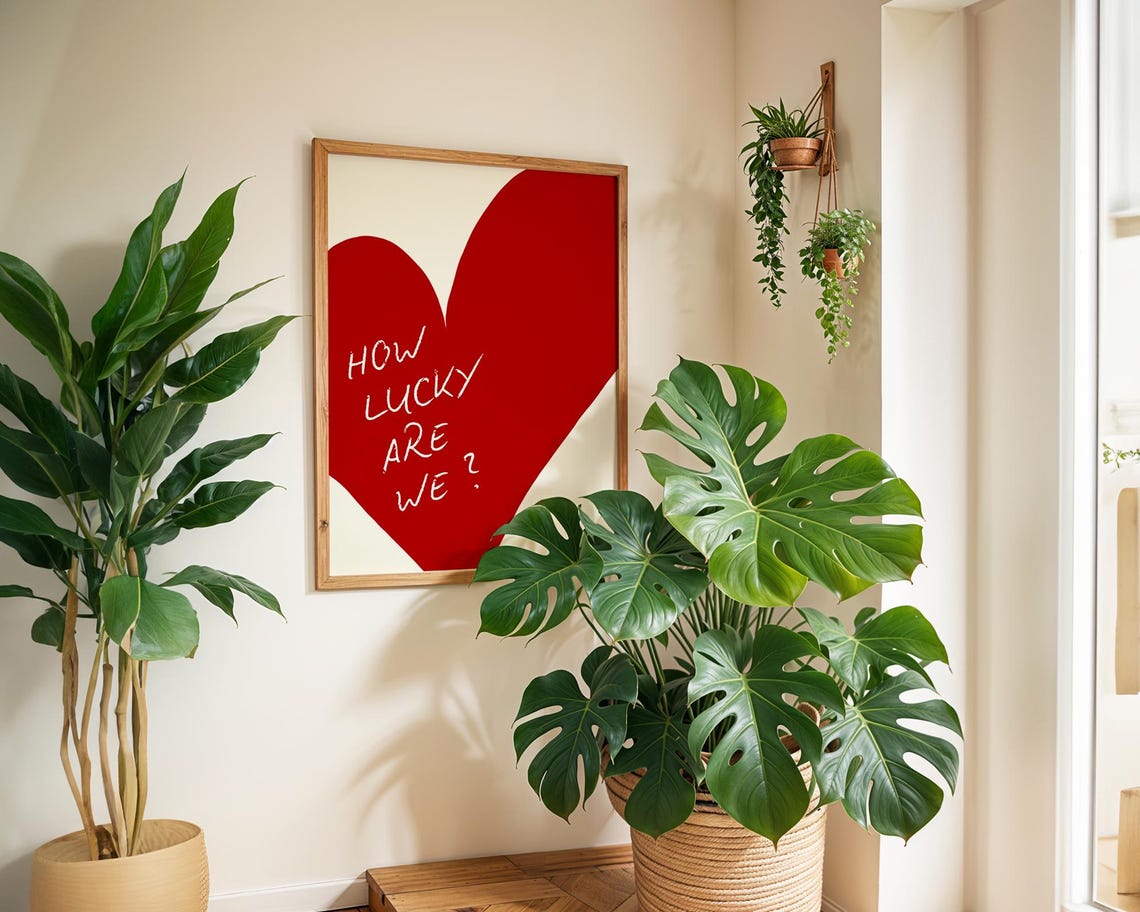 How Lucky Are We Red Heart Handwritten Quote Typography Art Poster - Image 4