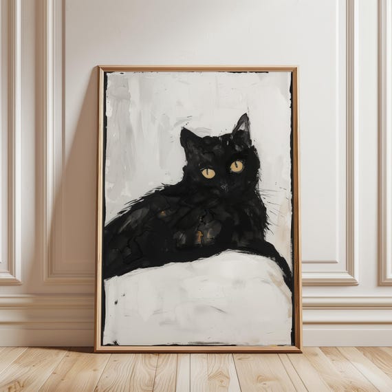 Minimalist Cat Print Moody Black Wall Art Elegant Feline Decor Sophisticated Pet Poster Dark Animal