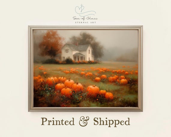 Pumpkin Patch Farmhouse Print Rustic Autumn Landscape Painting