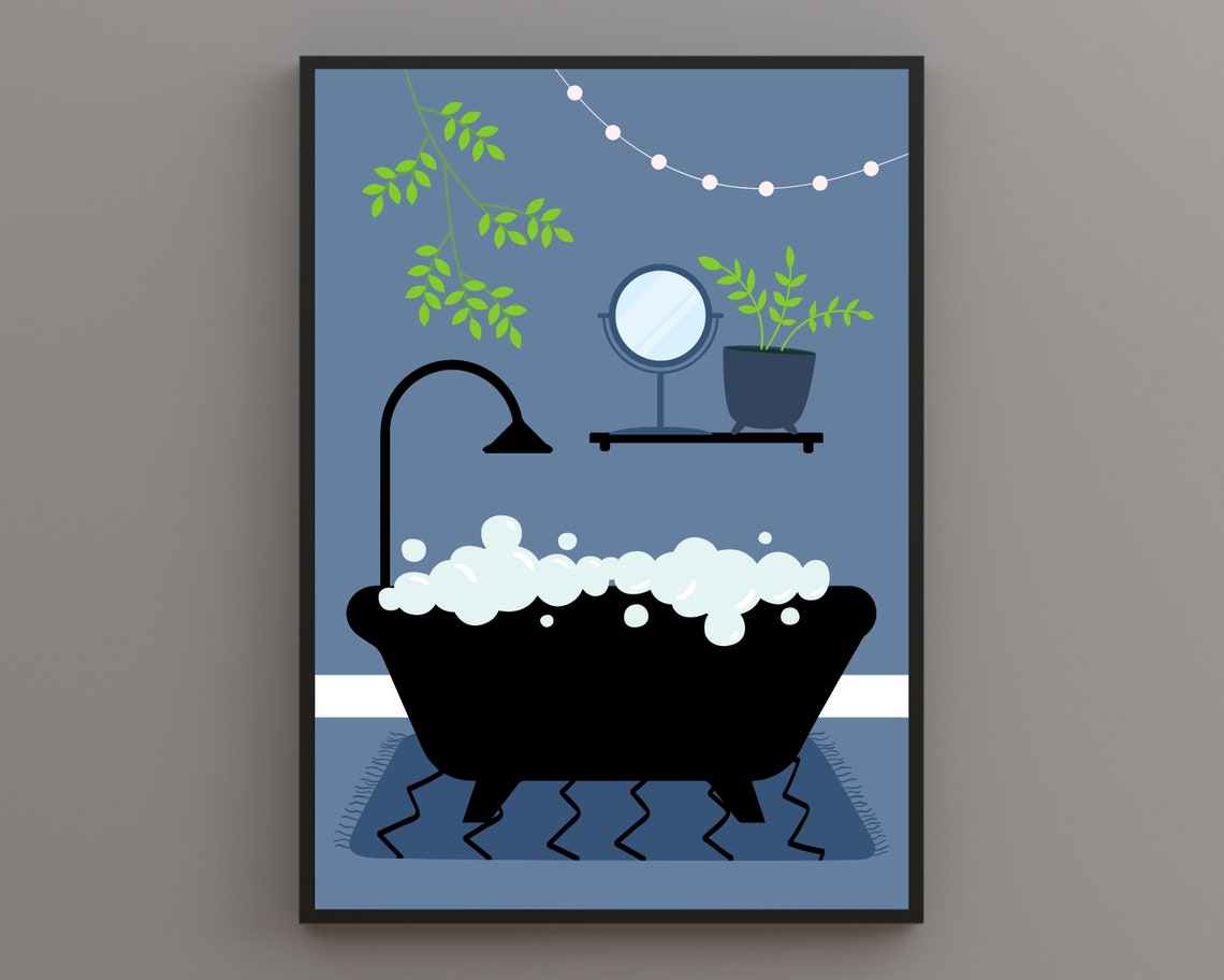 Bubble Bath In A Black Tub With Glowing String Lights Blue Print