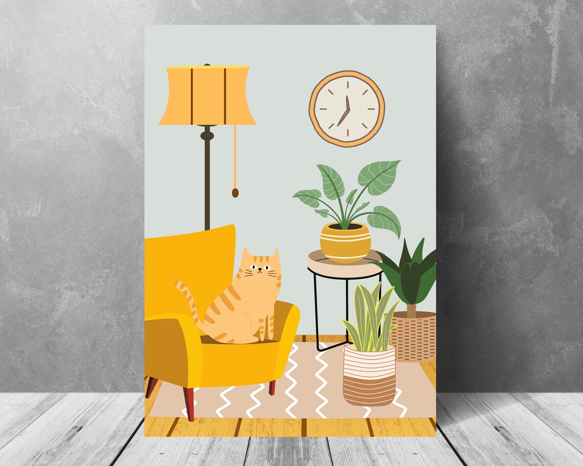 Ginger Tabby Cat on Yellow Armchair Cute Botanical Living Room Poster - Image 3