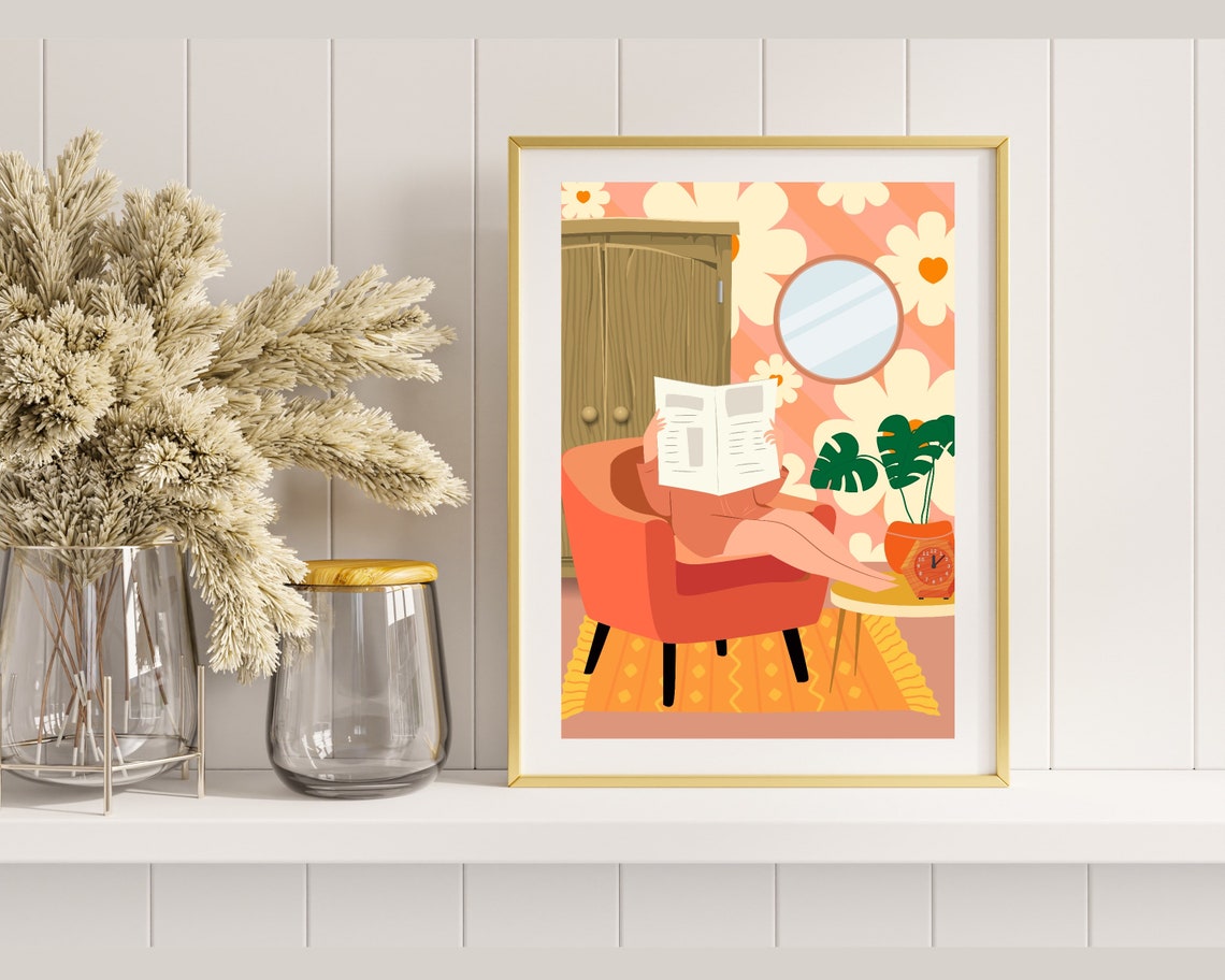 Woman Reading Newspaper on Orange Sofa Retro Floral Wall Poster - Image 2