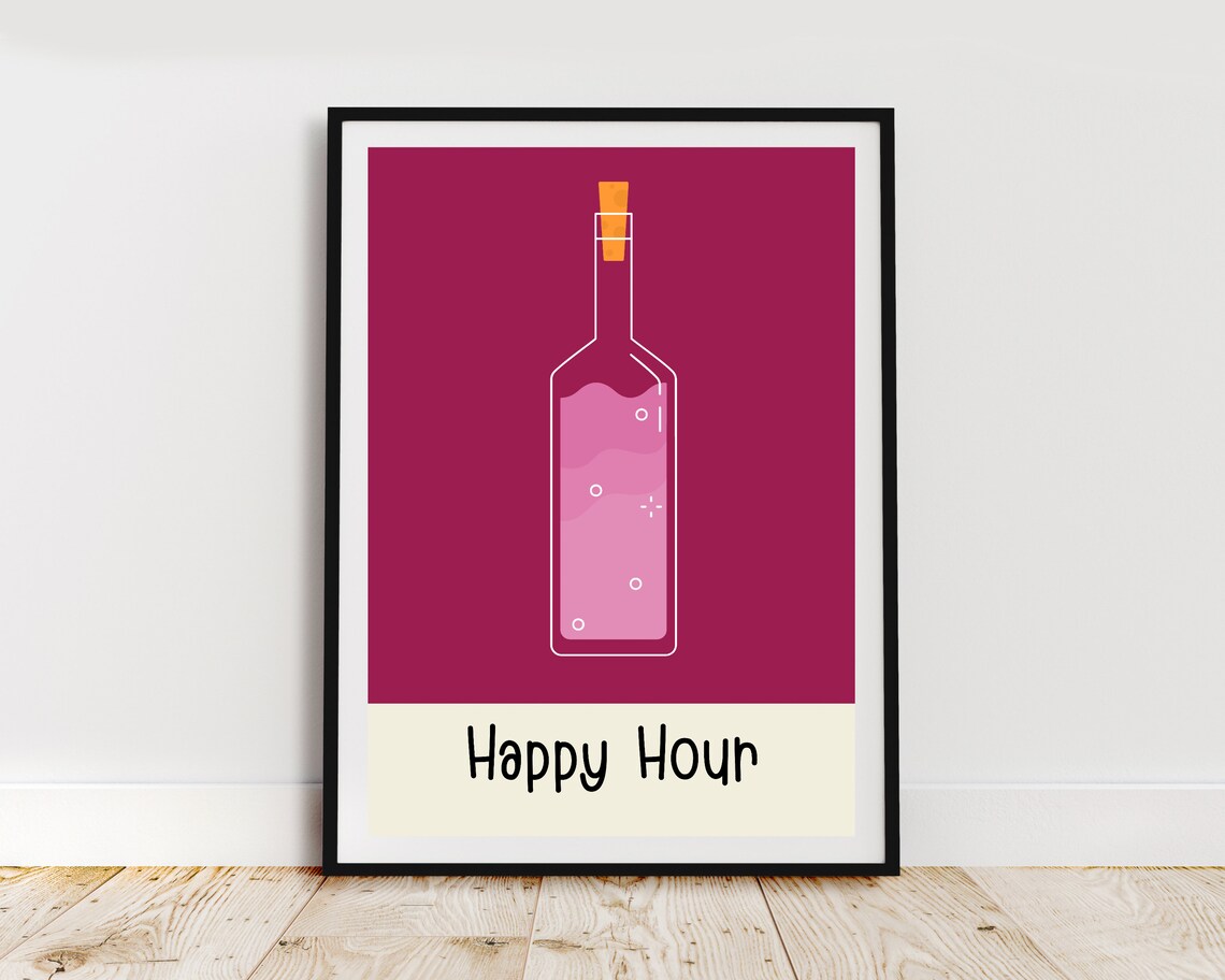 Happy Hour Wine Bottle Magenta Minimalist Bar Wall Decor Poster - Image 2