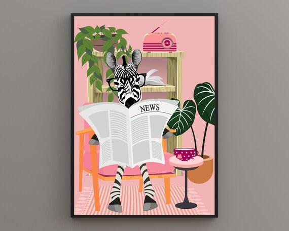 Zebra Reading Newspaper on Pink Chair Funny Spectacle Animal Poster