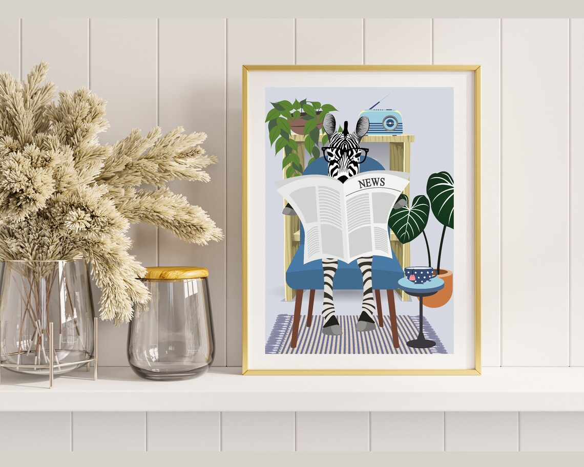 Zebra Reading Newspaper on Blue Chair Funny Spectacle Animal Poster - Image 2