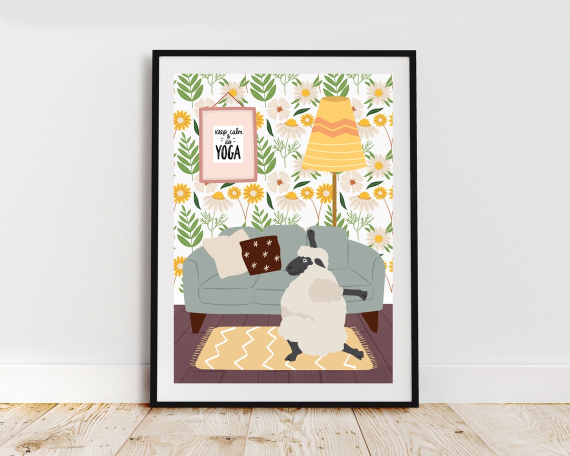 Sheep in Yoga Stretch Pose by Grey Sofa Funny Daisy Room Poster - Image 3