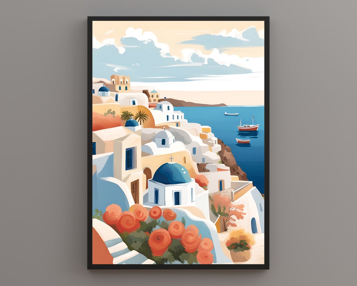 Santorini Oia Caldera Blue Domes Sea View Greece Panorama Poster