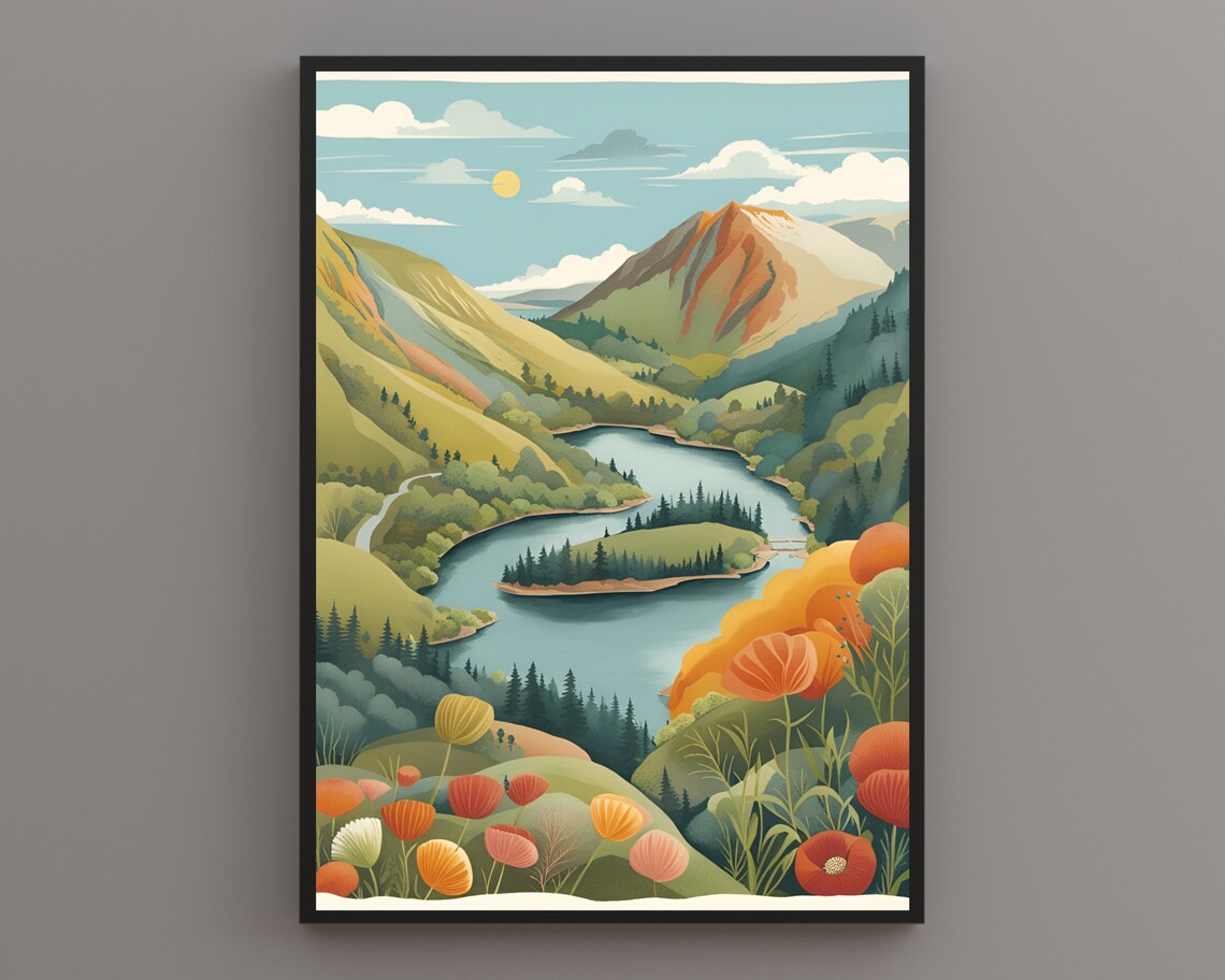 Lake District Lake Island View With Wild Poppies Hills Poster