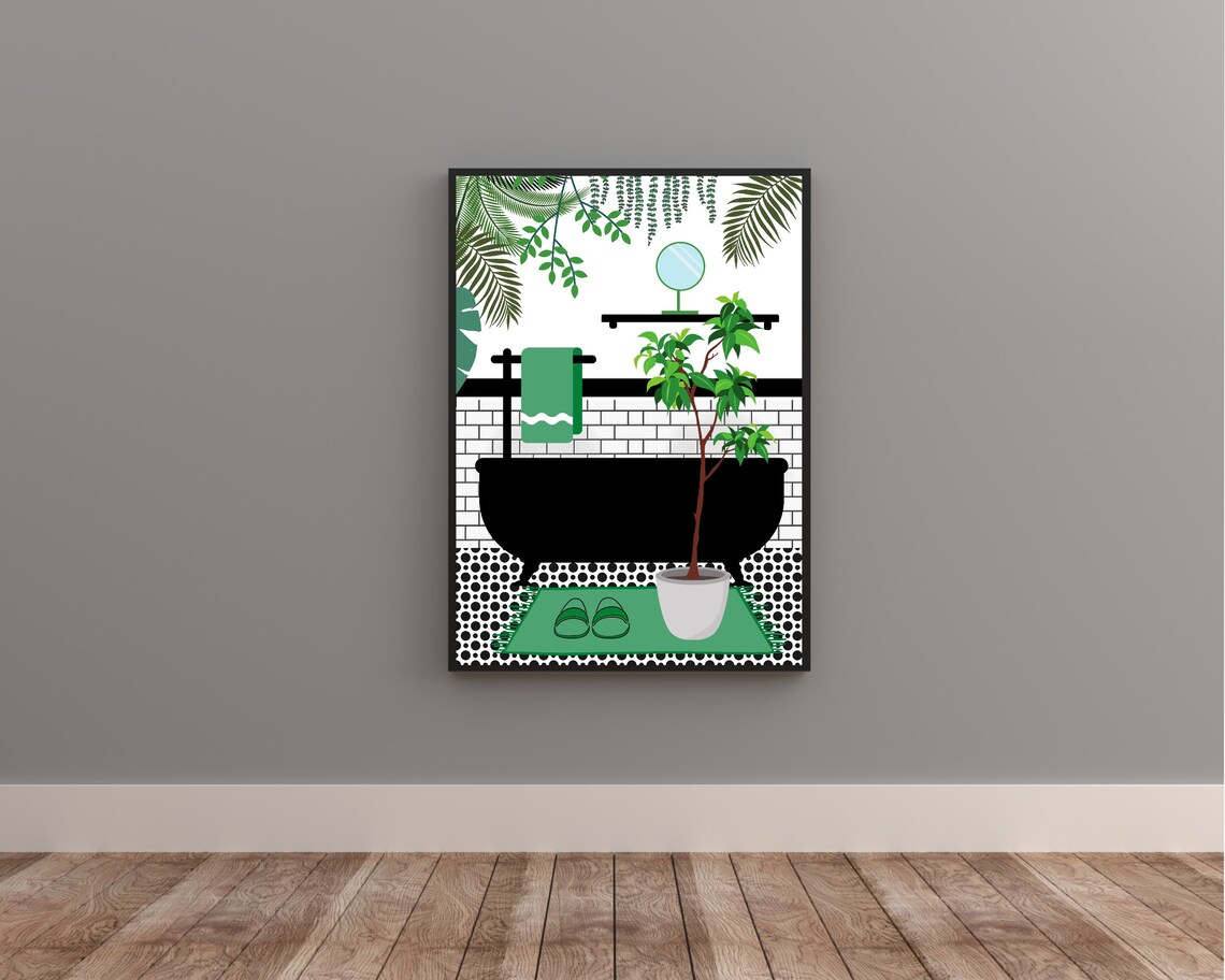 Green Bathroom Botanical House Plants Art Print - Image 2