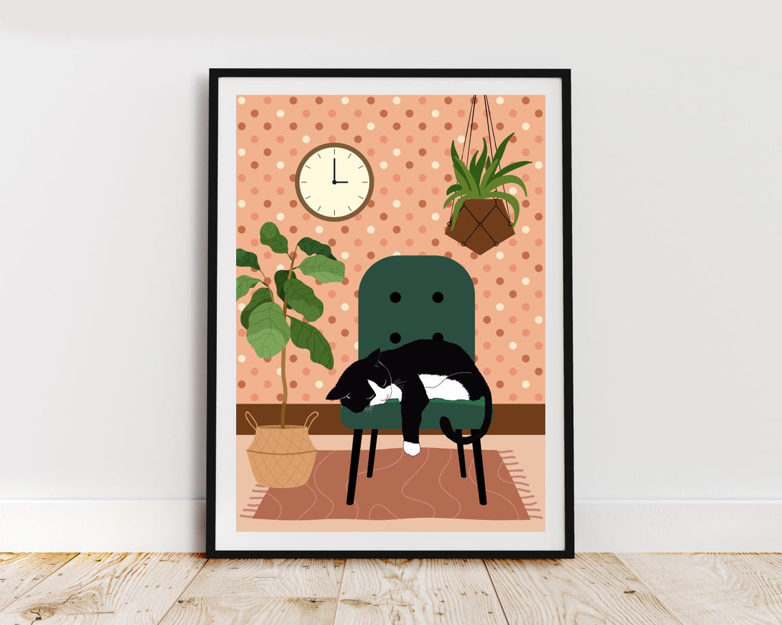 Black and White Cat Sleeping on Green Chair Cute Animal Nap Poster - Image 2