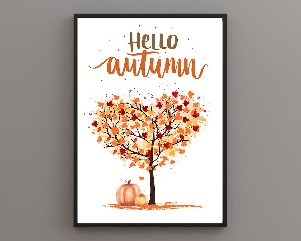 Hello Autumn Heart Tree With Pumpkins Seasonal Watercolor Poster