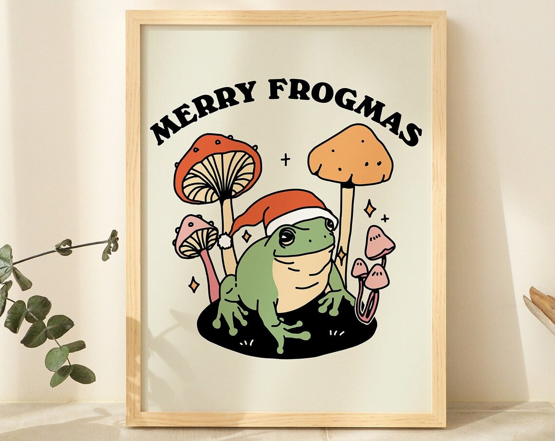 Merry Frogmas Frog Santa Hat Christmas Mushroom Vintage Poster