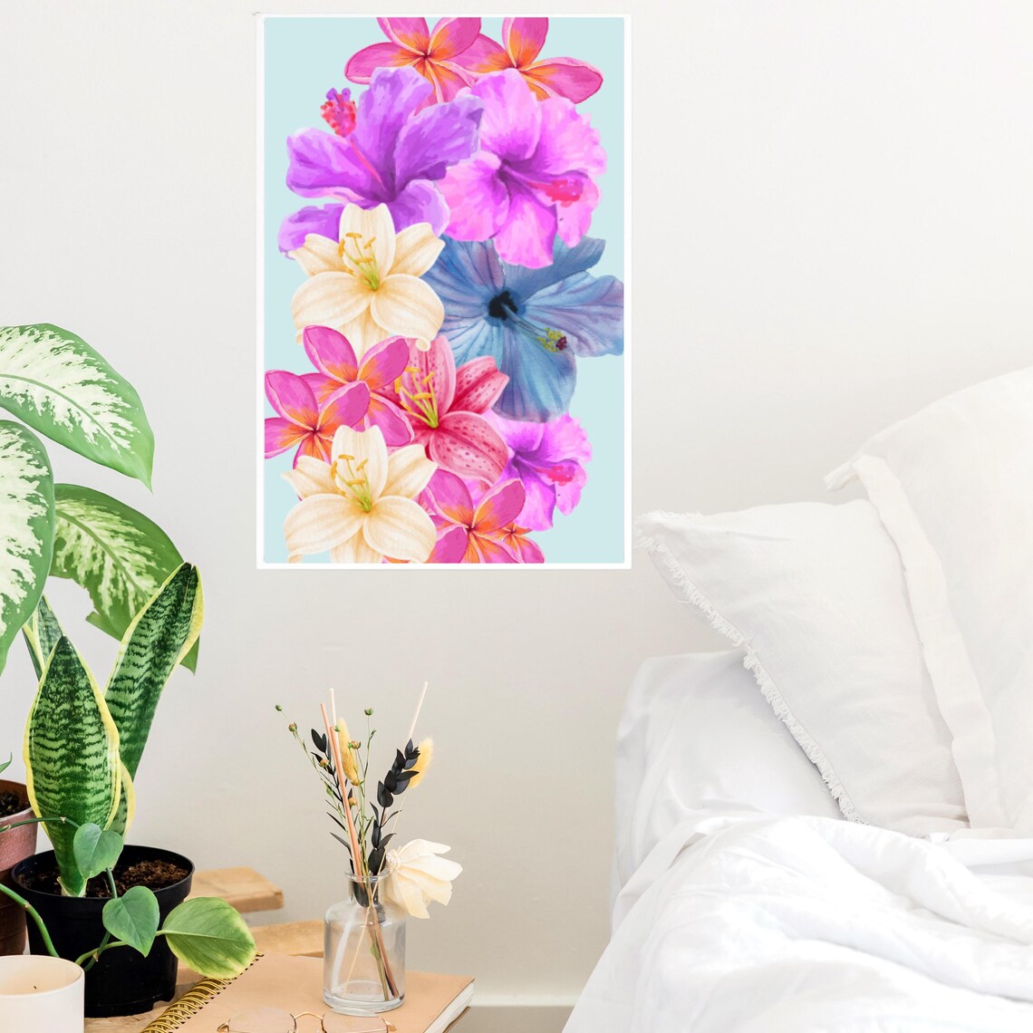 Hibiscus Hawaiian Art Print, Tropical Watercolor Floral