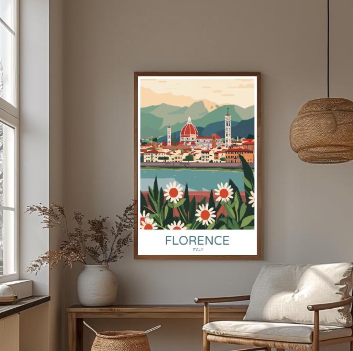 Florence Italy Travel Poster Duomo Cathedral And Daisies View - Image 3
