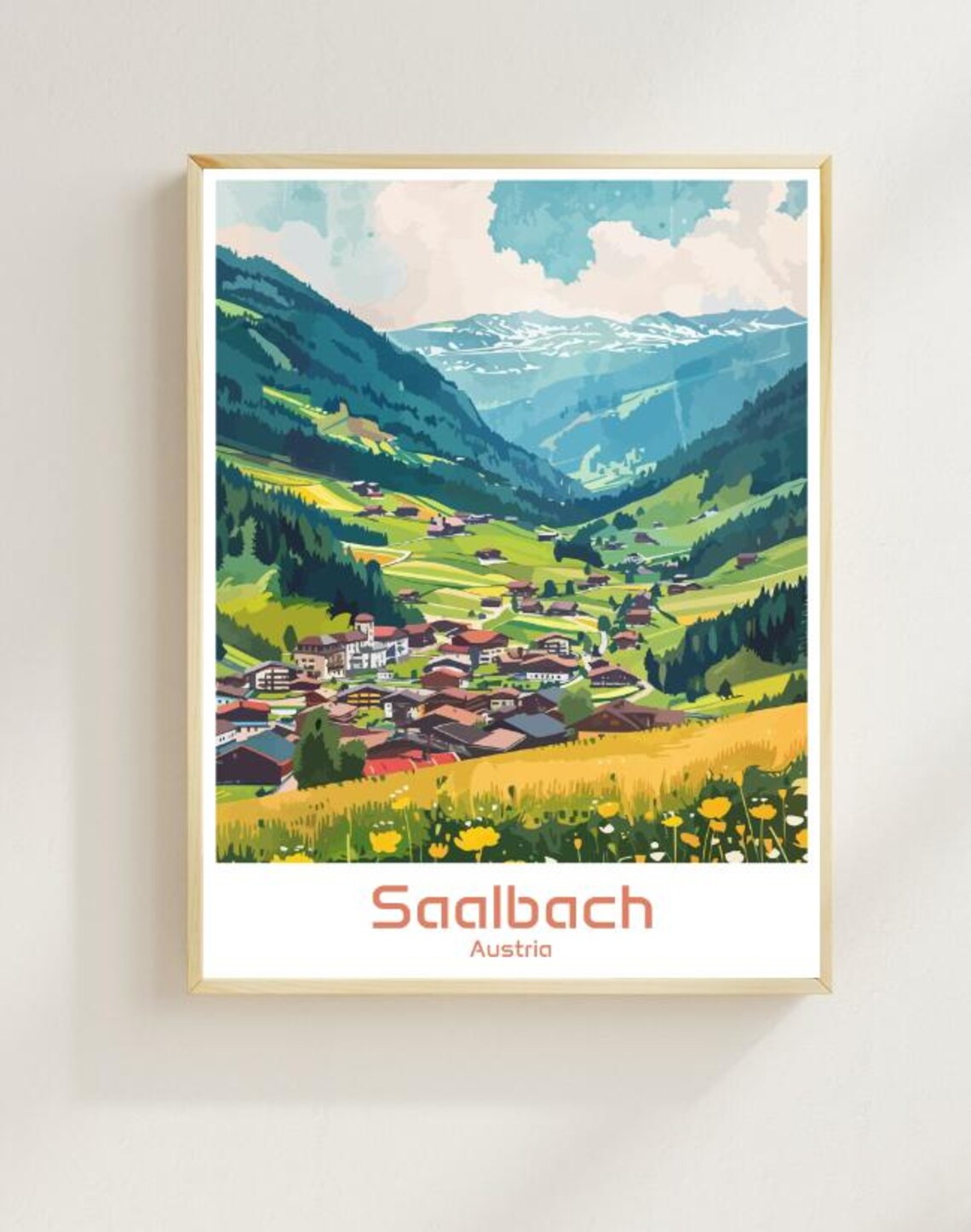 Saalbach Austria Alpine Valley Summer Village Meadow Scene Art Poster