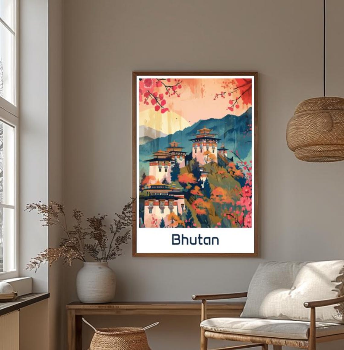 Bhutan Himalayan Monastery Autumn Blossom Vintage Travel Poster - Image 4