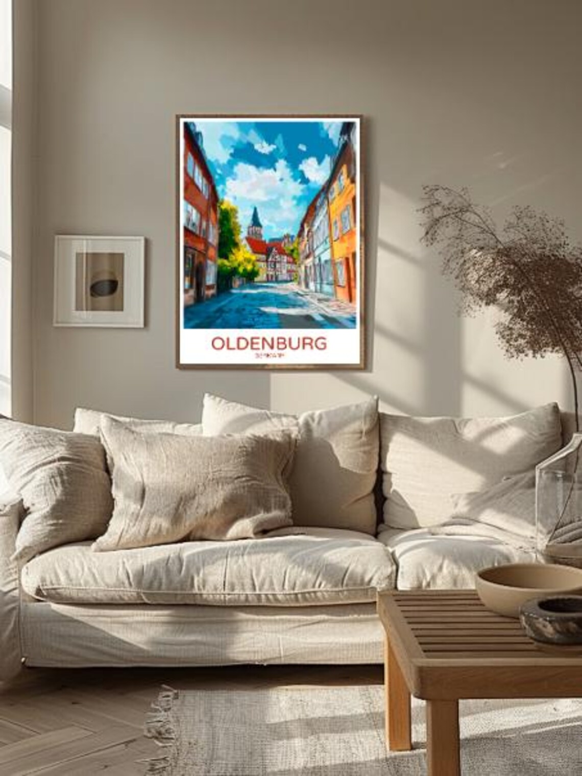 Oldenburg Germany Travel Poster Cobblestone Street And Church Tower - Image 2