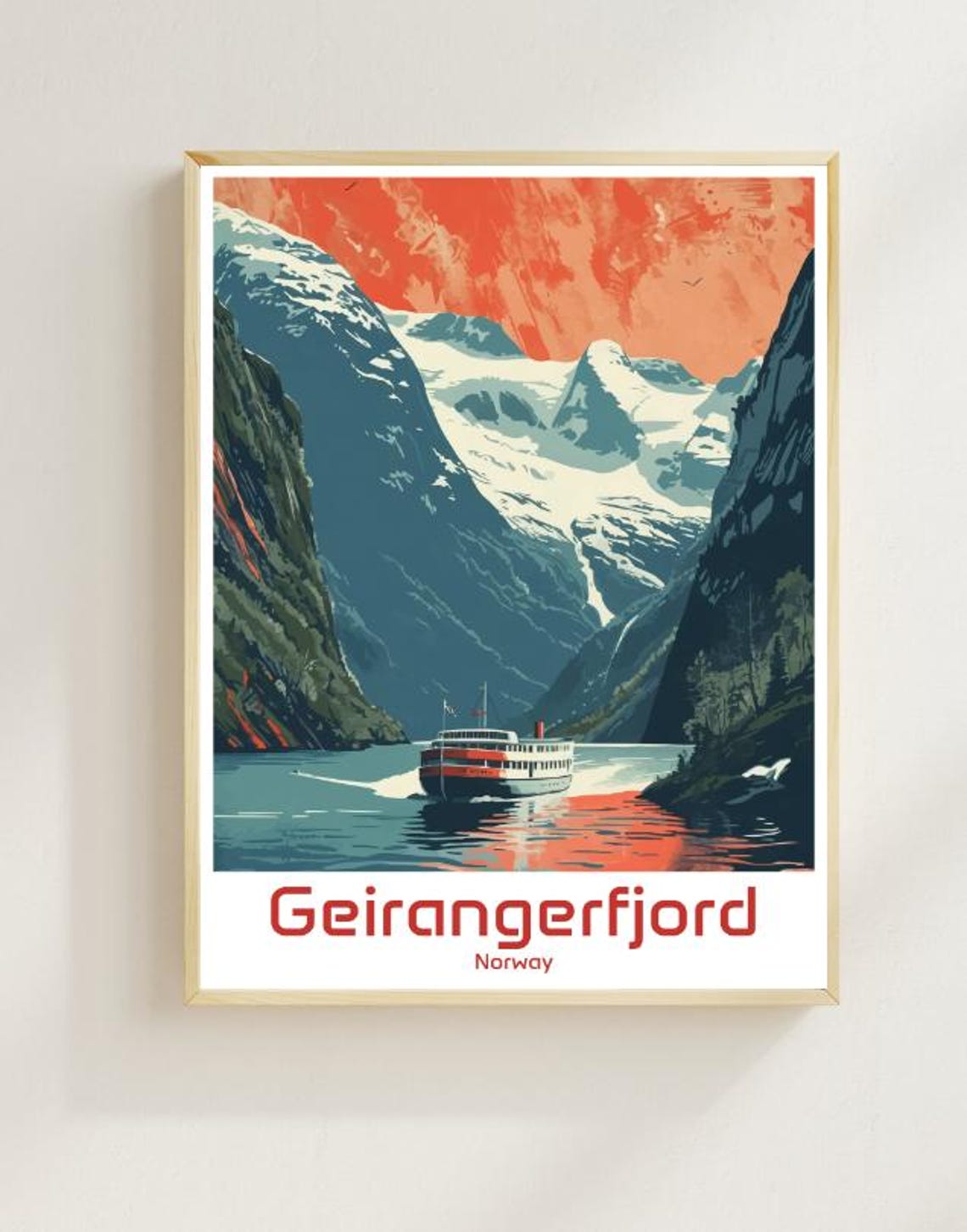 Geirangerfjord Norway Snowy Fjord Peaks Cruise Ship Sky Poster