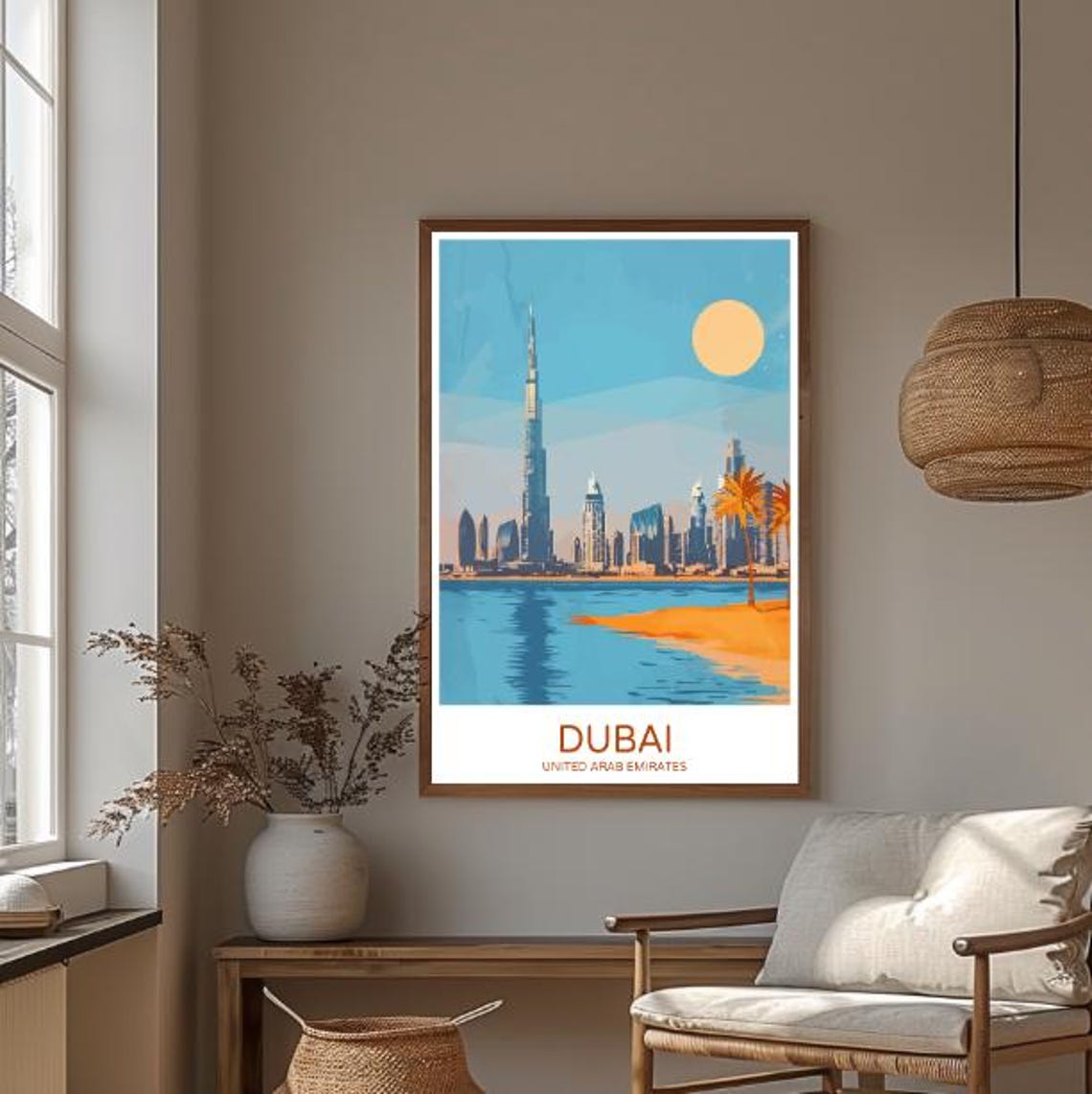 Dubai UAE Burj Khalifa Beach Palms Sun Skyline Travel Poster - Image 3