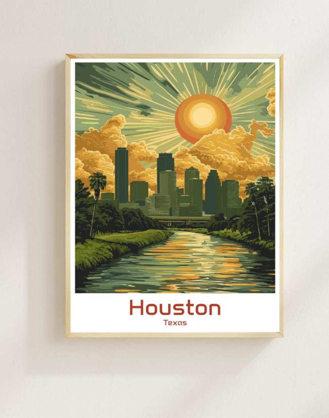 Glowing Houston Texas Skyline Sunset Bayou Reflection Poster