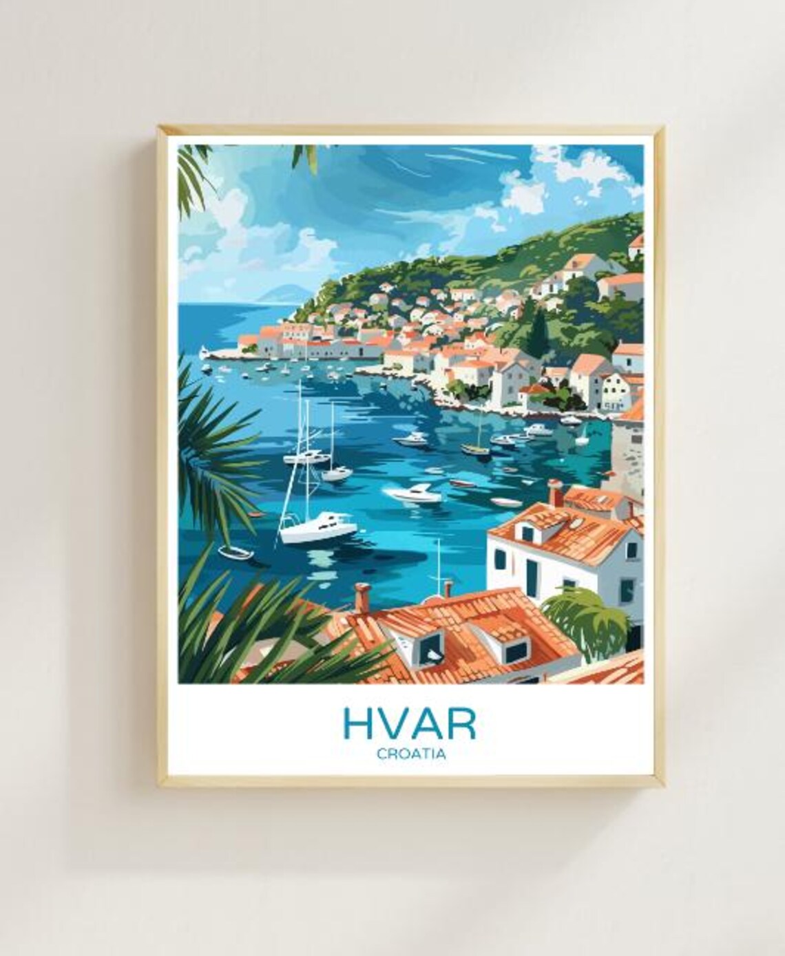 Hvar Croatia Travel Poster Showcasing the Adriatic Harbor and Old Town