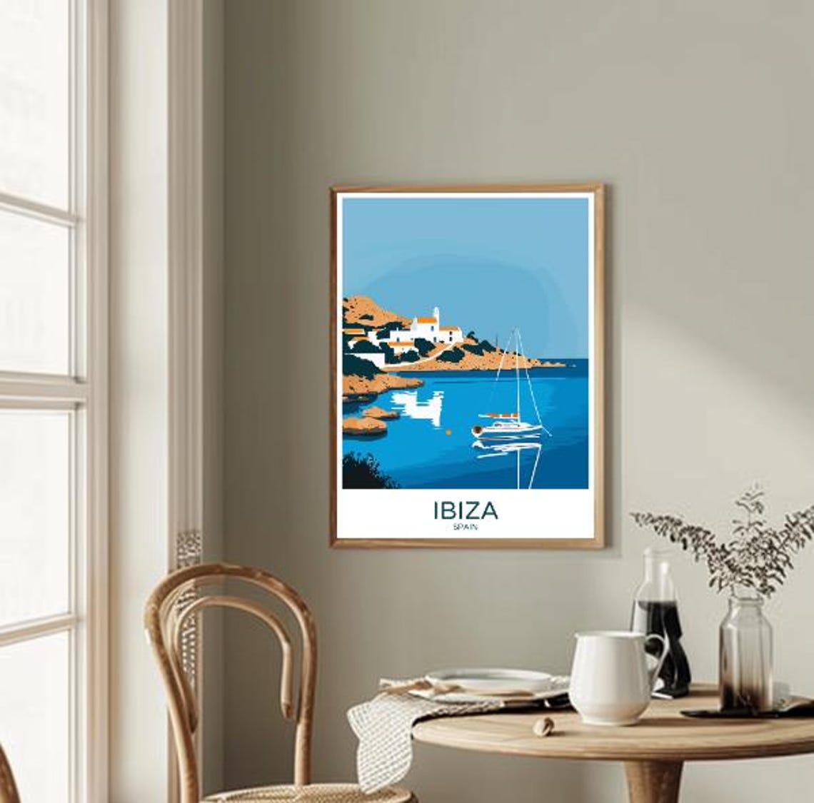Ibiza Spain Whitewashed Chapel Cove Sailboat Retro Travel Poster - Image 2