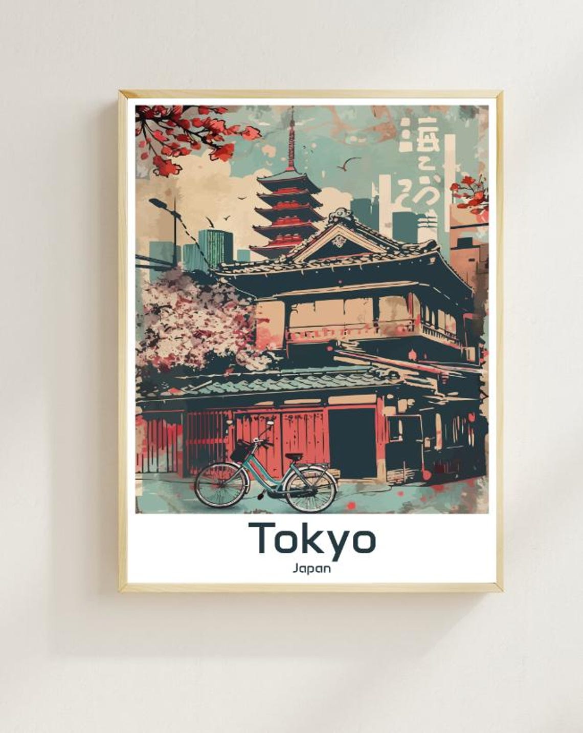 Tokyo Japan Temple Pagoda With Cherry Blossom Retro Style Poster