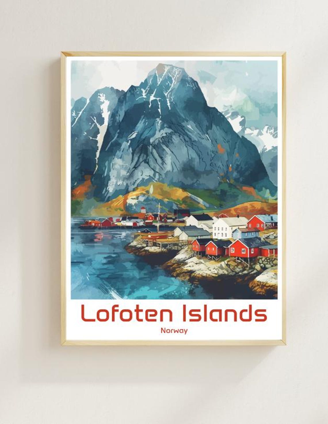 Lofoten Islands Norway Red Rorbu Cabins Arctic Peak View Poster
