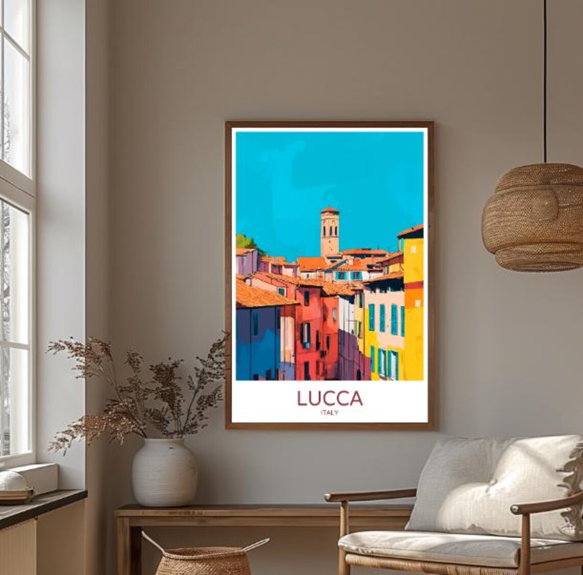Lucca Italy Colorful Old Town Rooftops Bell Tower Travel Poster - Image 3