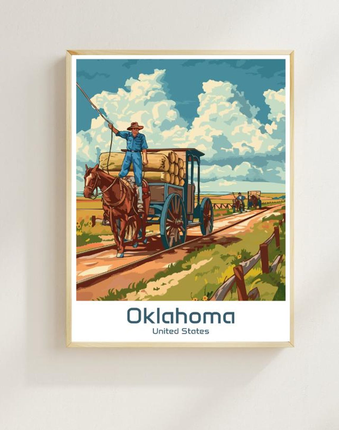 Oklahoma Horse Drawn Hay Wagon on Golden Prairie Sunset Poster