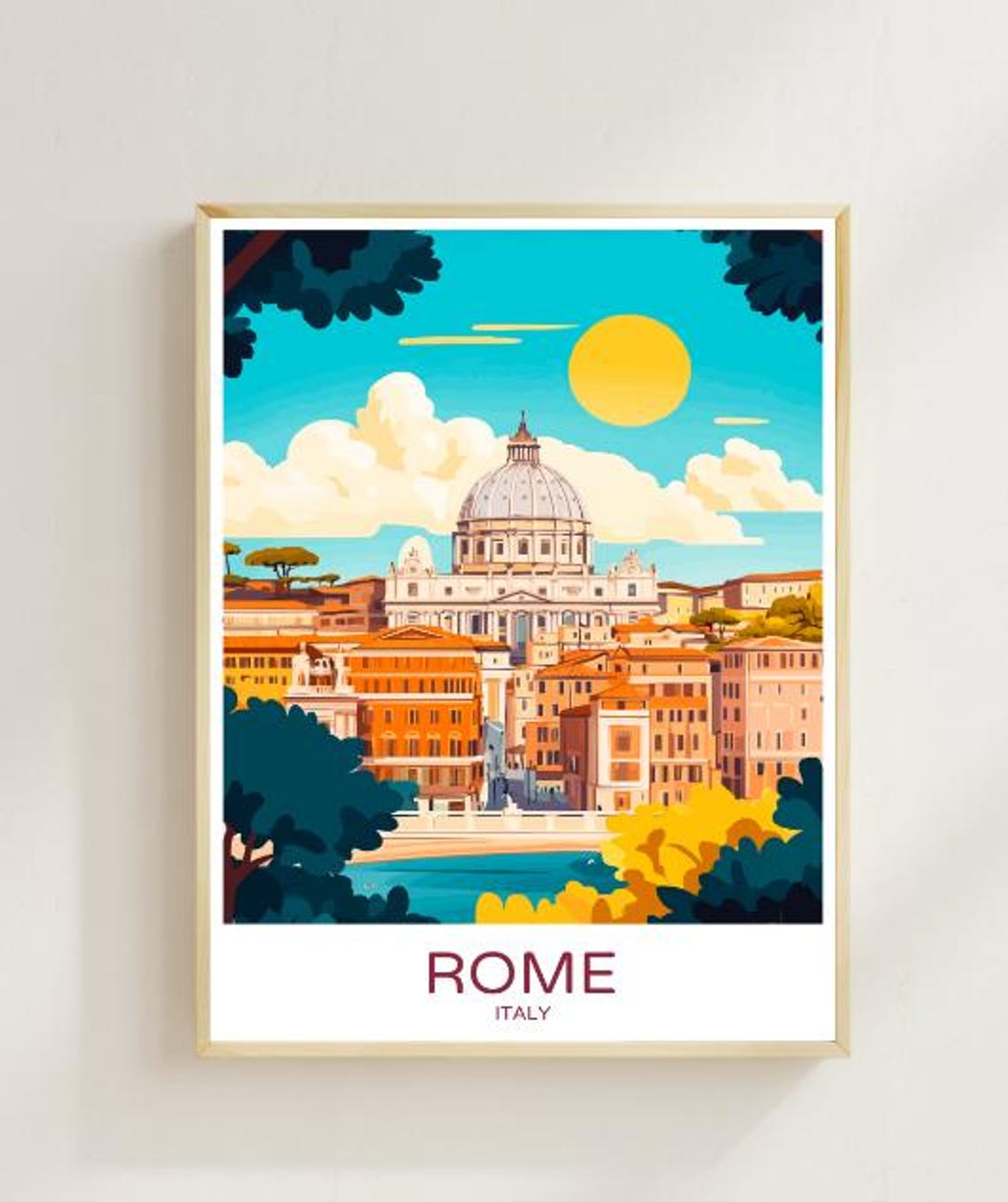 Rome Italy Vatican St Peters Basilica Sunset Vintage Travel Poster