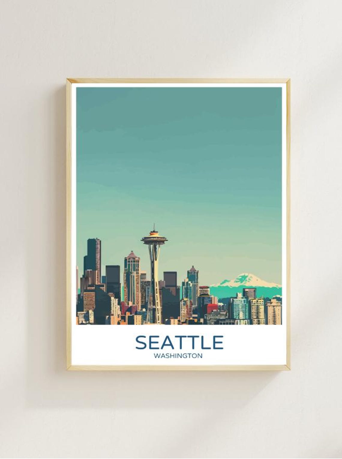 Seattle Washington Space Needle Skyline Retro Mt Rainier Travel Poster