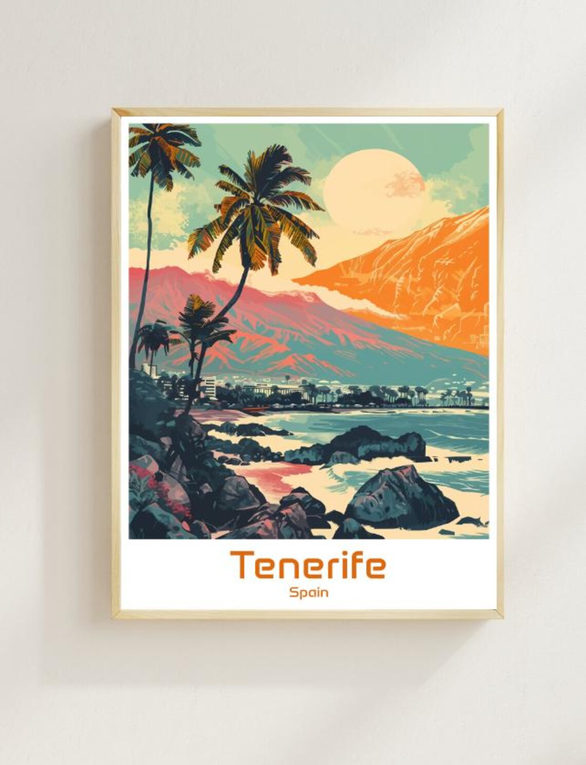 Tenerife Spain Volcano Coastline Palm Trees Vintage Travel Poster