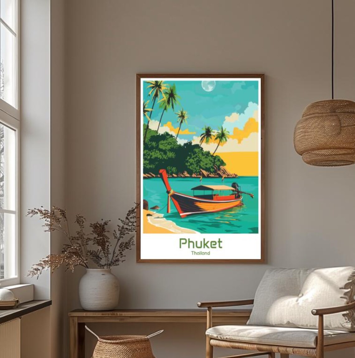 Phuket Thailand Longtail Boat Anchored By A Palm Covered Island Poster - Image 4