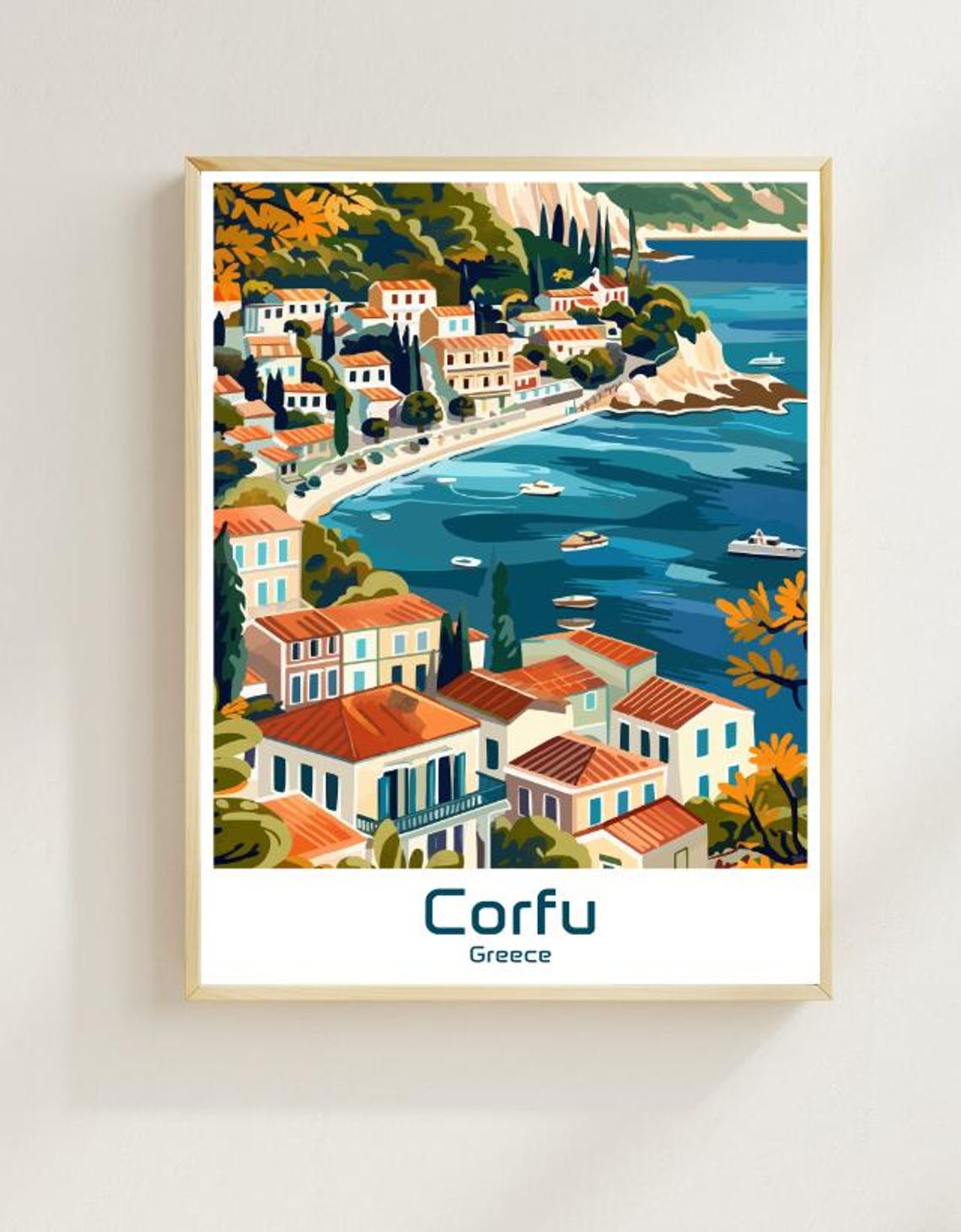 Corfu Greece Seaside Village Red Roofs Scenic Bay Travel Poster