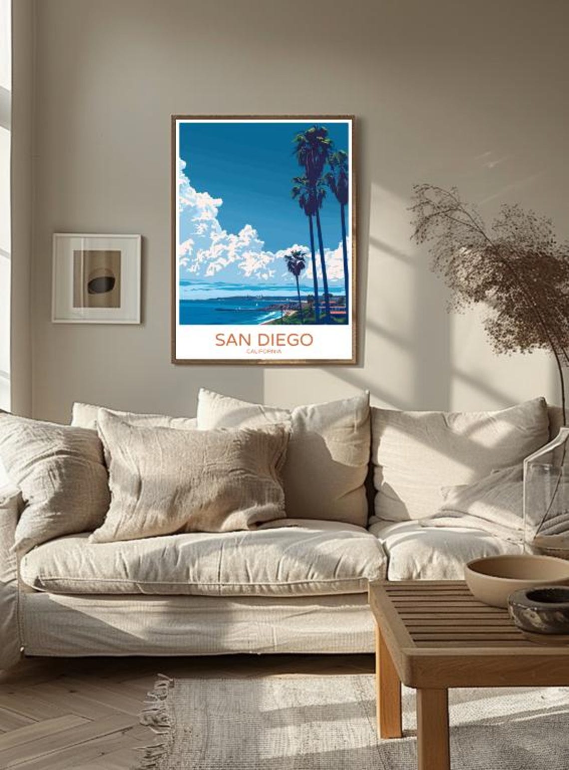 San Diego Palm Trees Over Ocean Colorful Illustrated Travel Poster - Image 2