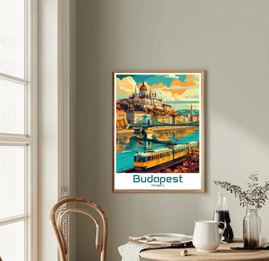 Budapest Hungary Parliament Building And Yellow Tram Vintage Poster - Image 2