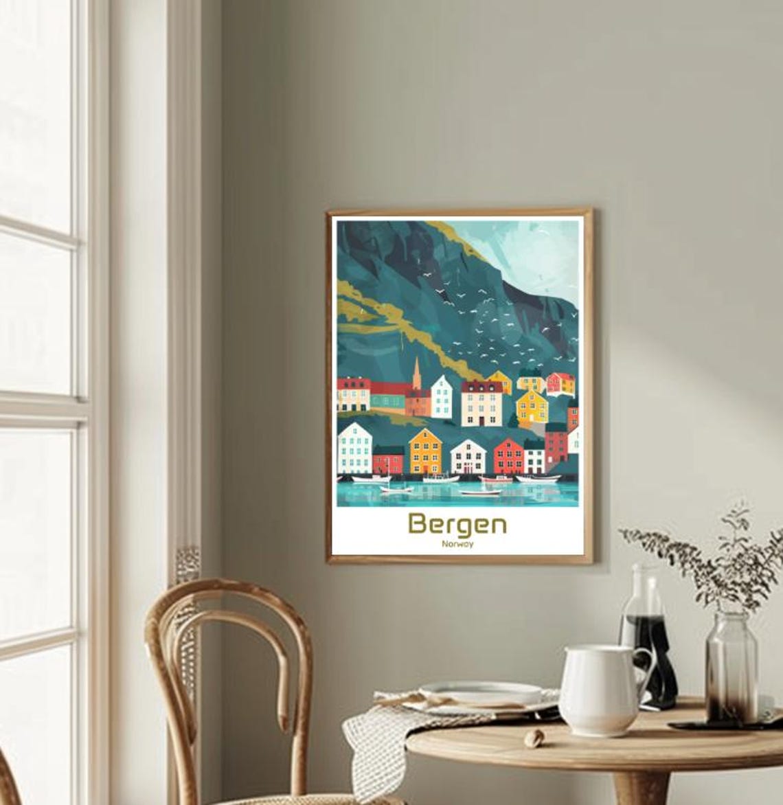 Bergen Norway Bryggen Colorful Waterfront Harbor Gulls Poster - Image 2