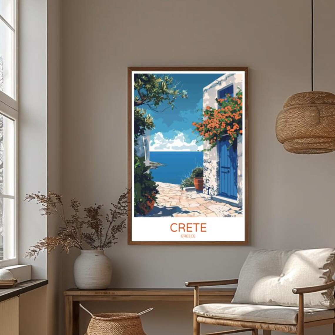 Crete Greece Blue Door Village Overlooking the Sea Travel Poster - Image 3