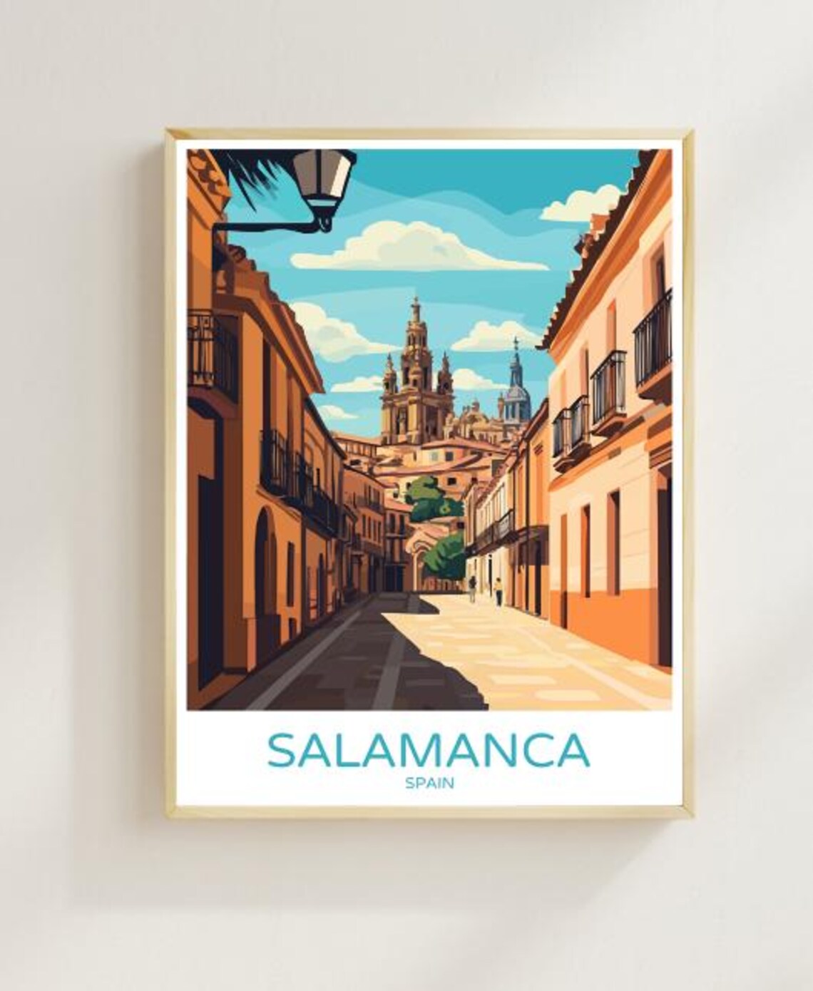 Salamanca Spain Old Street Poster With Cathedral Towers Golden Light