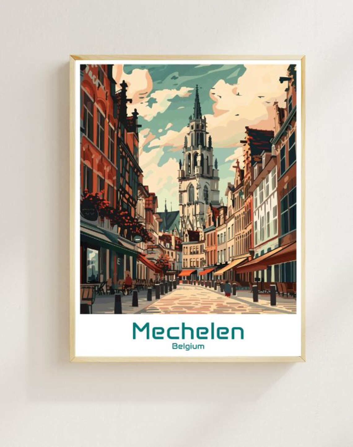 Mechelen Belgium Church Tower Old Street Vintage Travel Poster