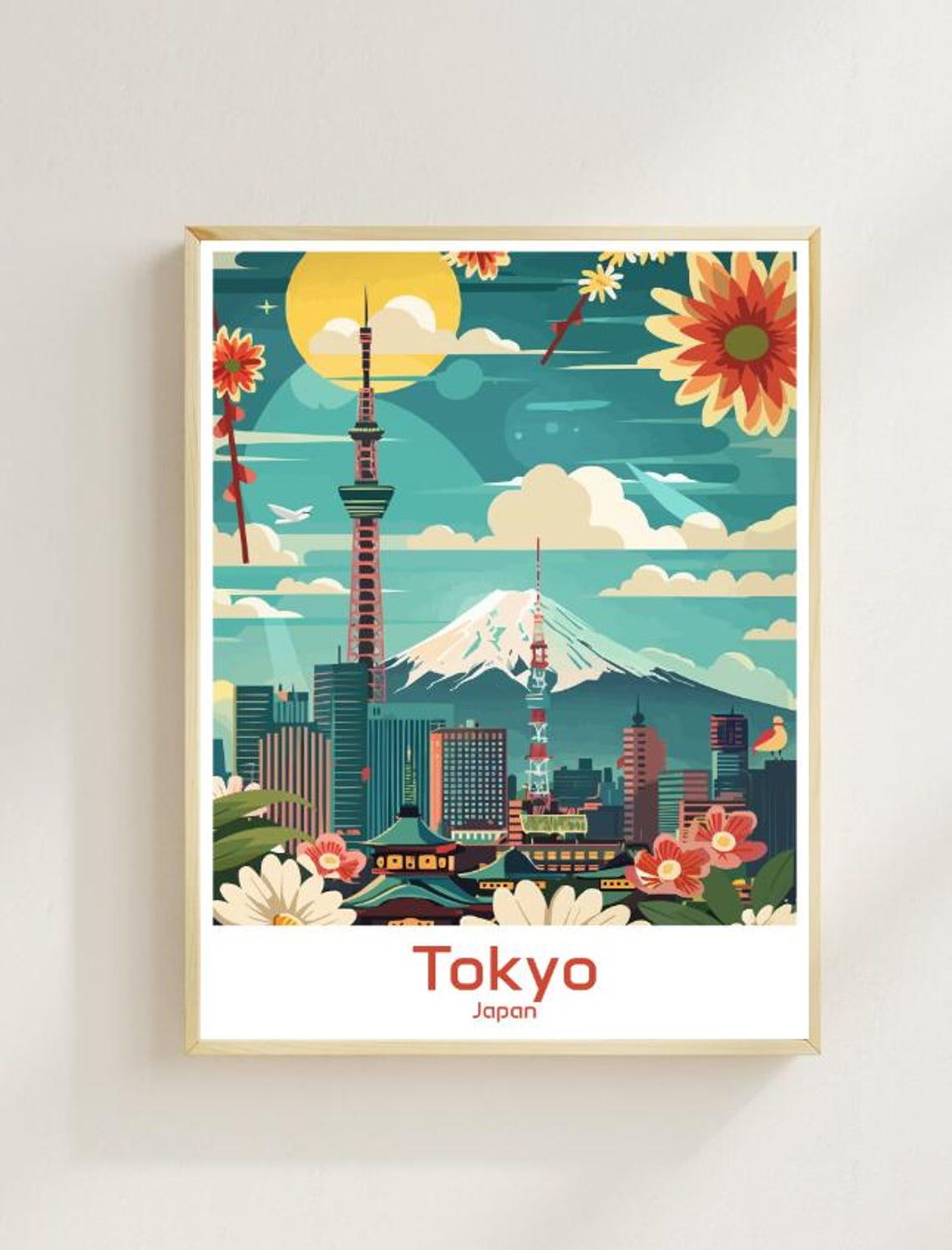 Tokyo Japan Skyline Mount Fuji Cherry Blossoms Cityscape Travel Poster