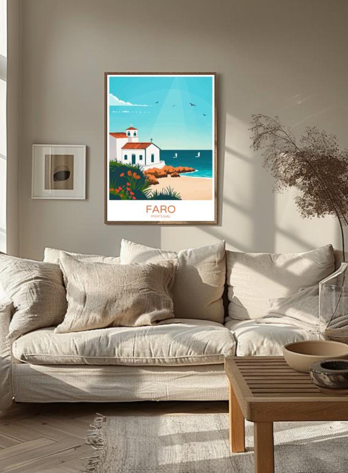 Faro Portugal Whitewashed Seaside Chapel by the Sea Travel Poster - Image 2