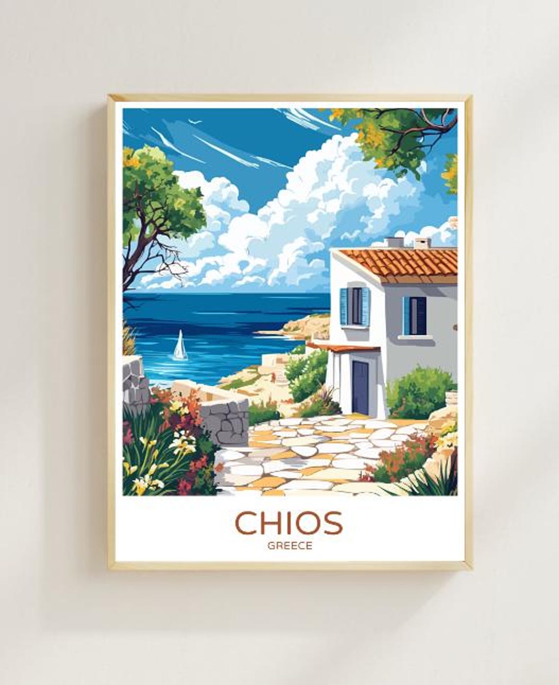 Chios Greece Travel Poster Seaside Villa Sailboat And Stone Path View