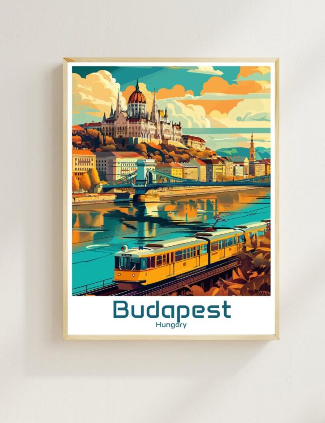 Budapest Hungary Parliament Building Bridge Tram Danube Poster