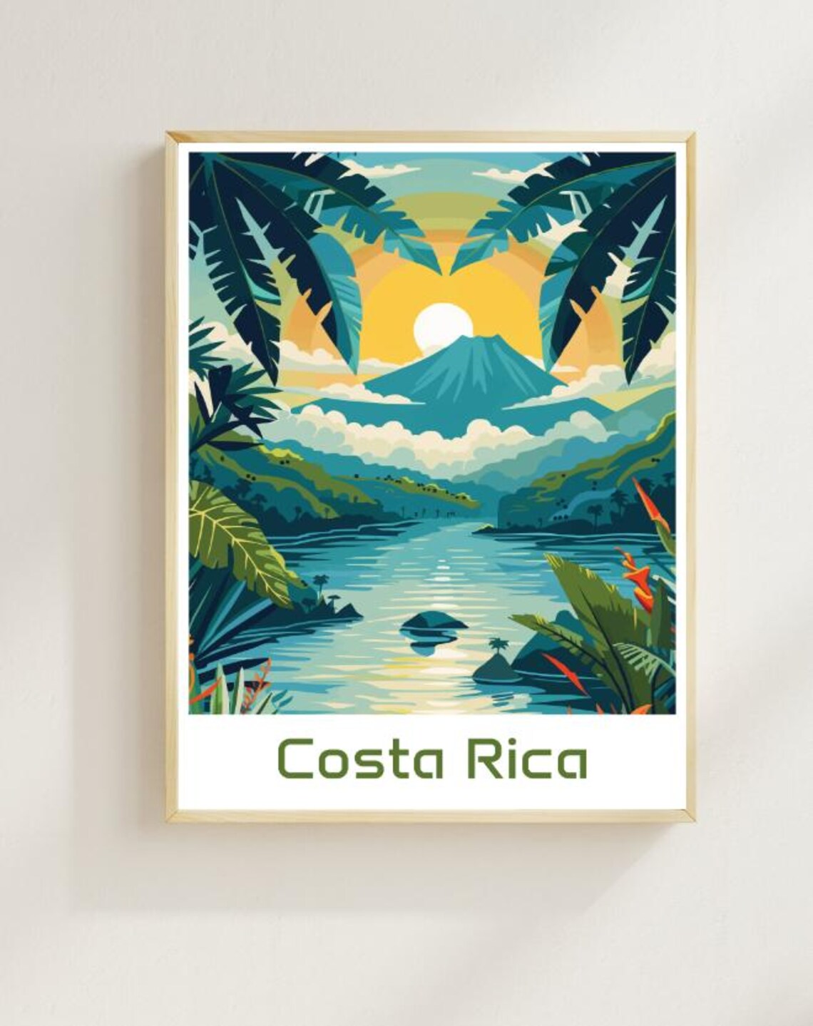 Costa Rica Volcano Lake Sunrise Rainforest Vintage Travel Poster