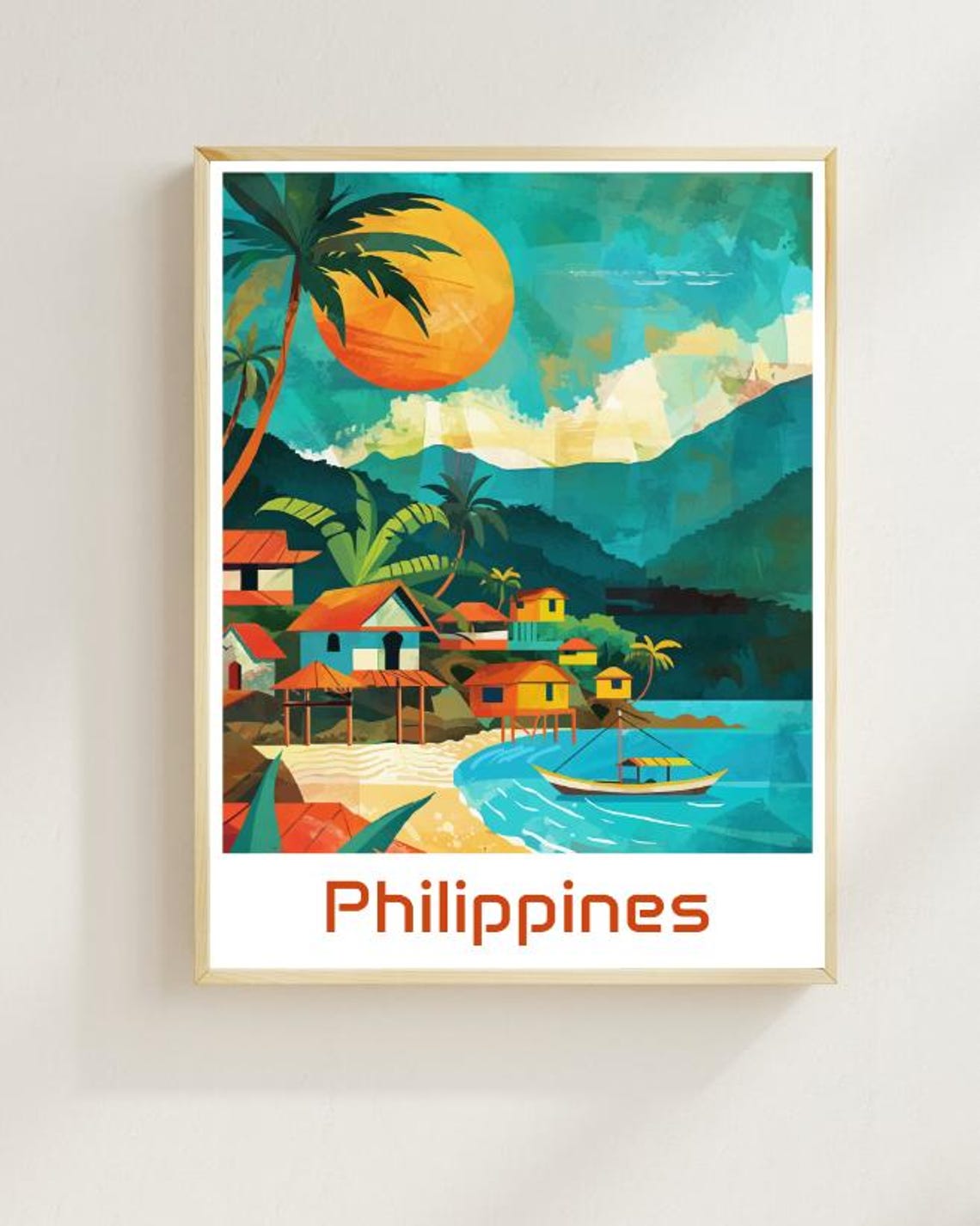 Philippines Tropical Beach Village Sunset Vintage Travel Poster