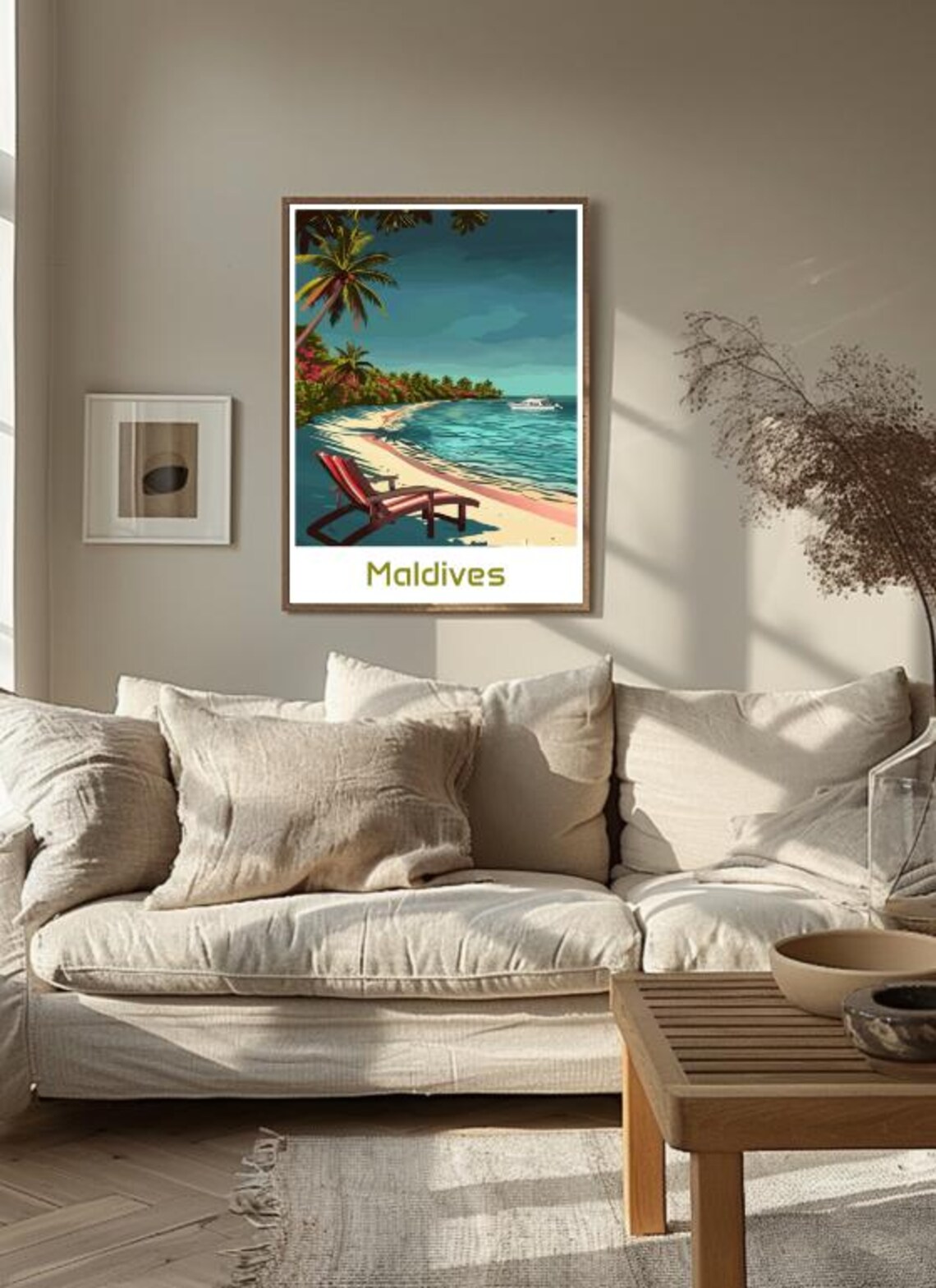 Maldives Tropical Beach Lounger Boat Ocean Vintage Travel Poster - Image 3